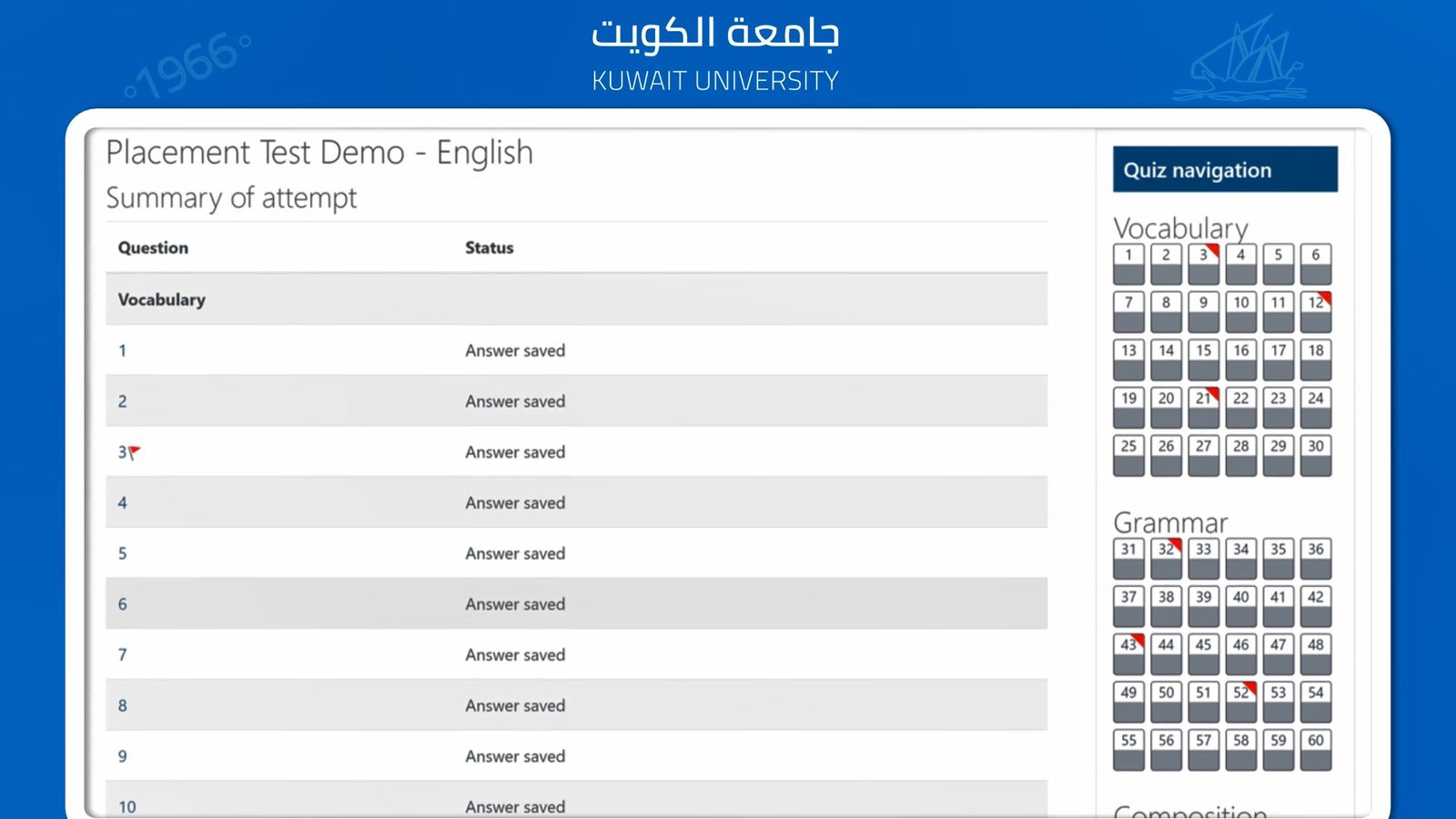 صفحة ملخص الاختبار